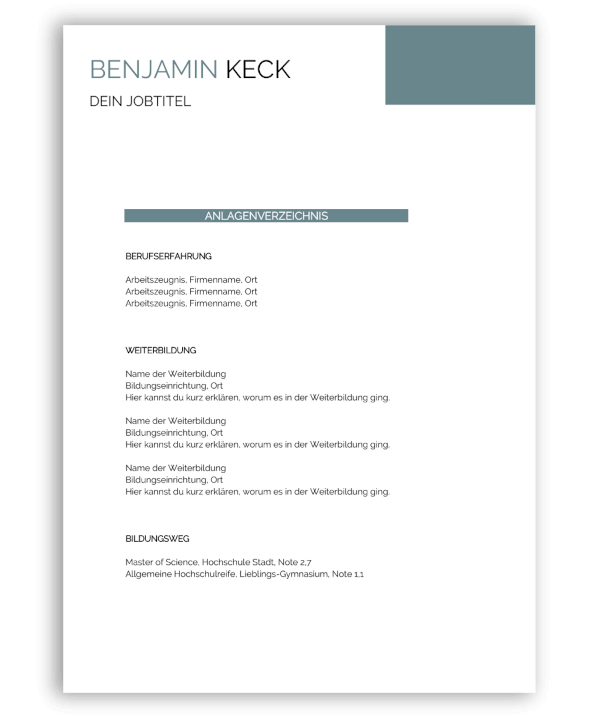 Professionelle Bewerbung Anlagenverzeichnis