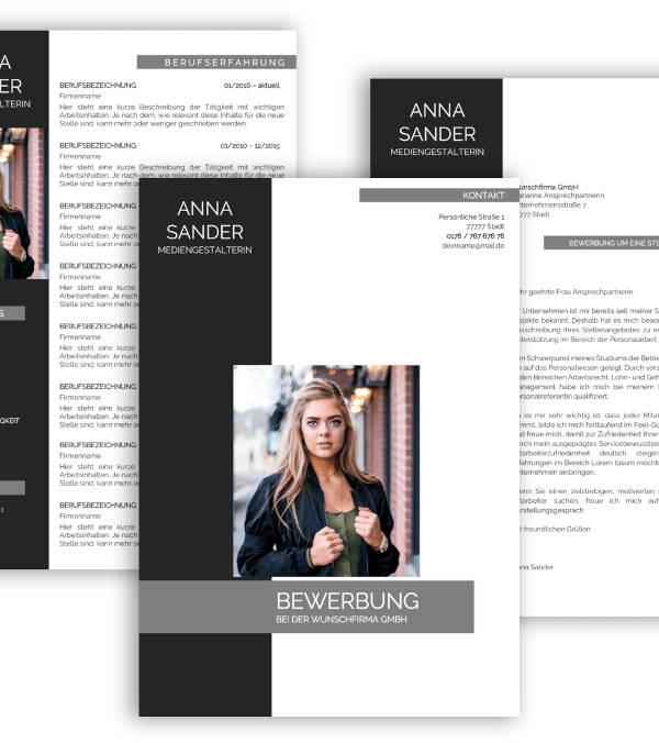 Bewerbungsvorlage, Bewerbung schreiben Vorlage, Moderne Lebenslauf Vorlage grau schwarz mit Lebenslauf, Anschreiben, Deckblatt