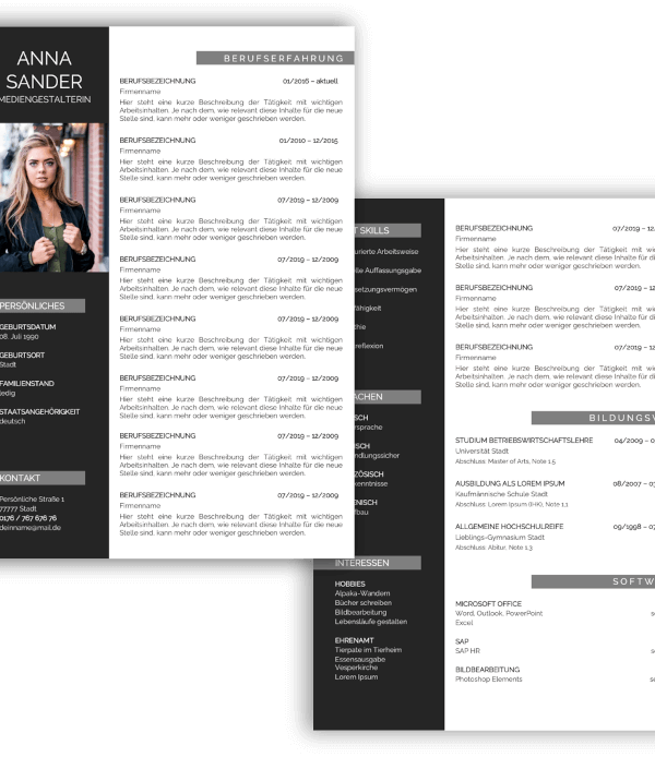 Moderne Lebenslauf Vorlage tabellarisch grau dunkel schwarz