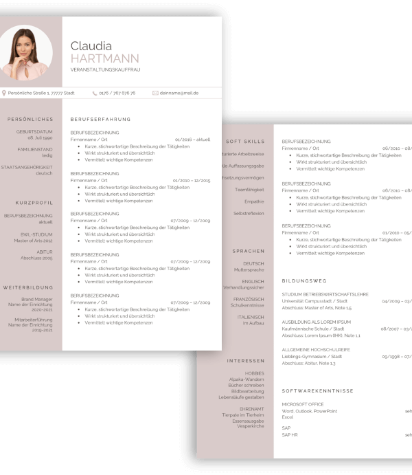 Moderne tabellarischer Lebenslauf Vorlage rosa