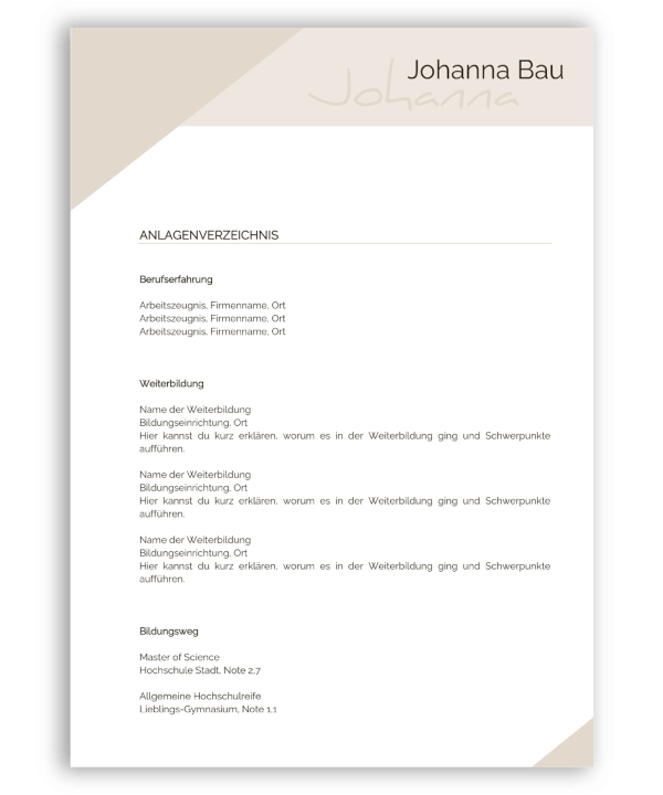 Professionelle Bewerbung Anlagenverzeichnis