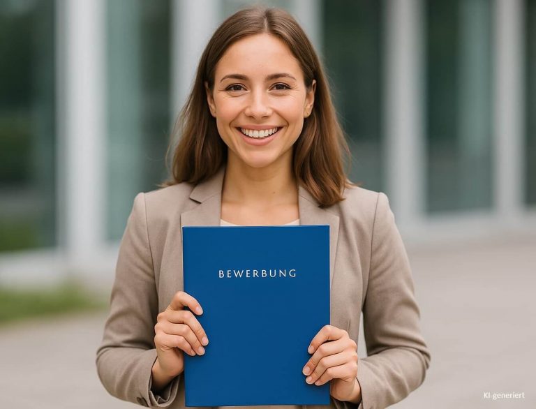 Zufriedene Kundin mit Bewerbungsmappe