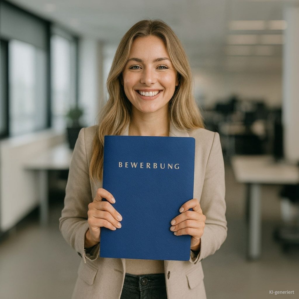 Junge Frau hält blaue Bewerbungsmappe mit goldener Aufschrift Bewerbung in einem modernen Büro – Symbolbild für professionelle Bewerbungsvorlage